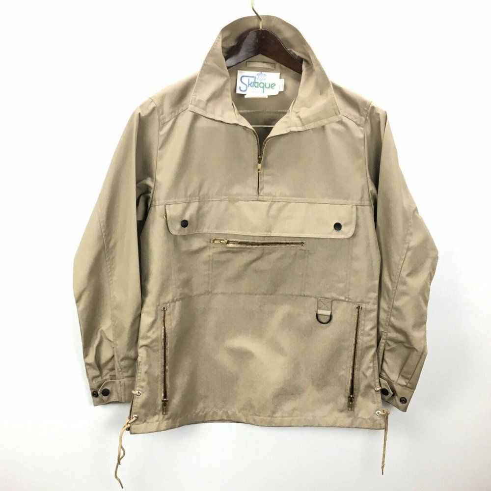Vintage Skitique Quarter Zip Jacket Womens L Beige Side Tie Zip Pouch Pockets